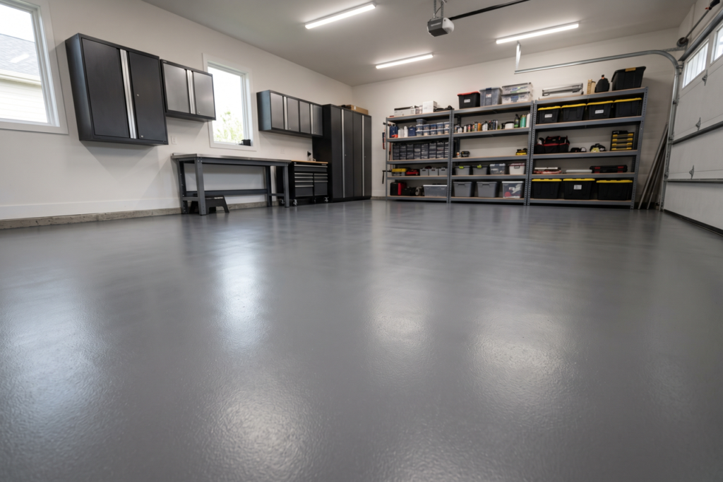 Freshly coated epoxy garage floor with an even finish and clean concrete edges