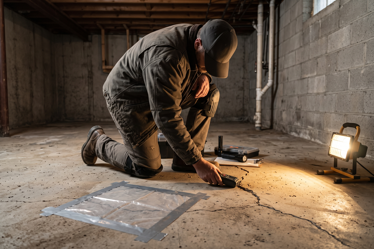 Flooring professional examining a basement concrete floor for cracks, existing coatings, and moisture-related signs