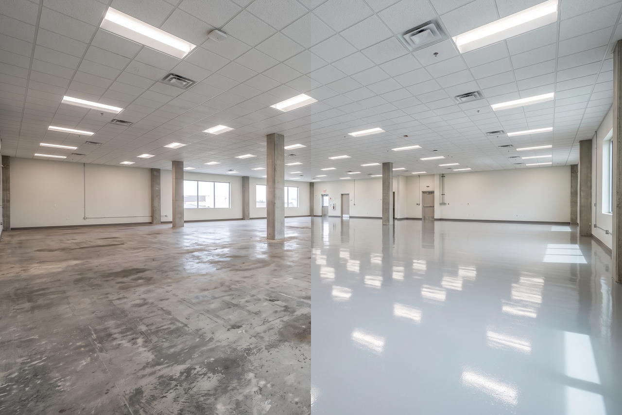 Illustrative before-and-after example of a commercial epoxy floor, from worn concrete to a clean, sealed professional-grade surface