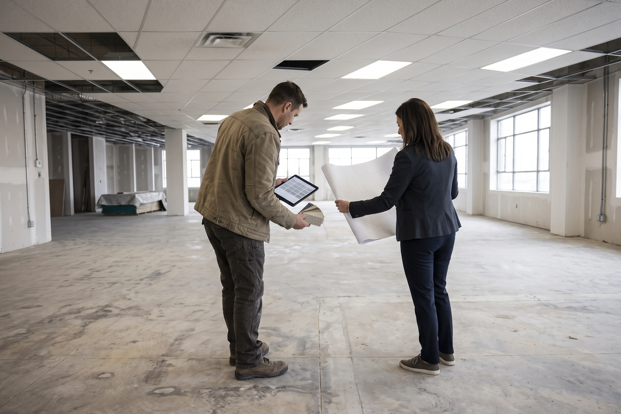 Business owner and flooring professional reviewing a commercial floor plan and coating options at the jobsite