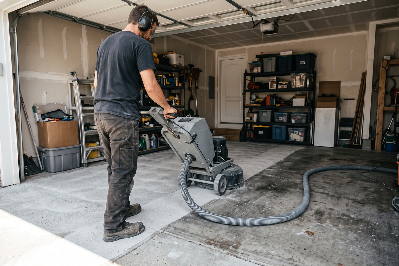 Concrete floor being ground and profiled with surface preparation equipment before a coating is applied