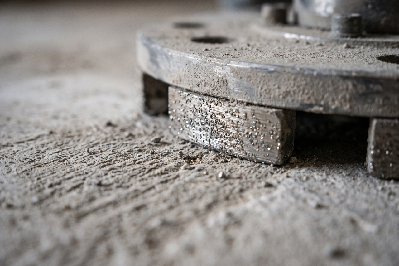 Diamond grinding machine removing the surface layer from a concrete garage floor before epoxy coating is applied