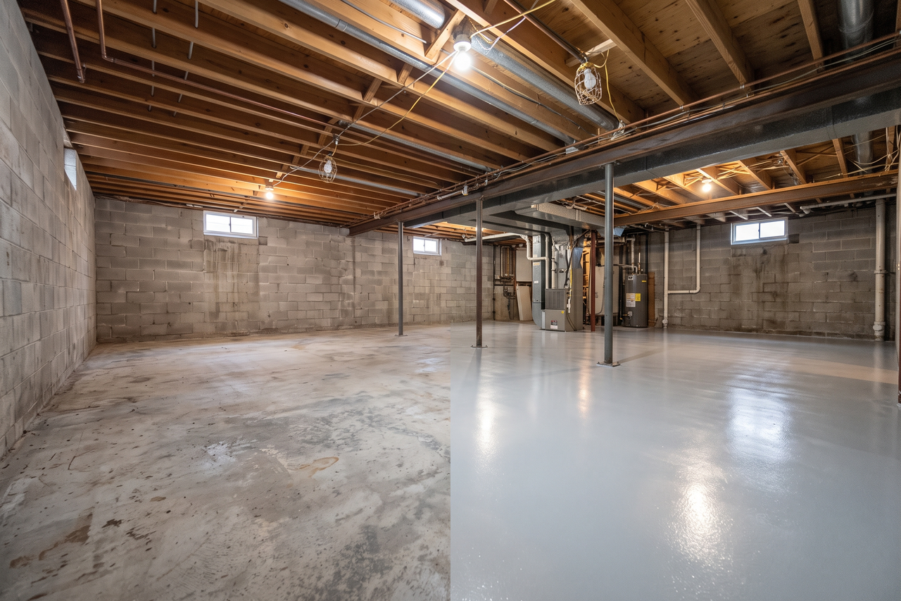 Illustrative before-and-after example of a basement floor coating, from rough bare concrete to a clean, light-reflecting sealed surface