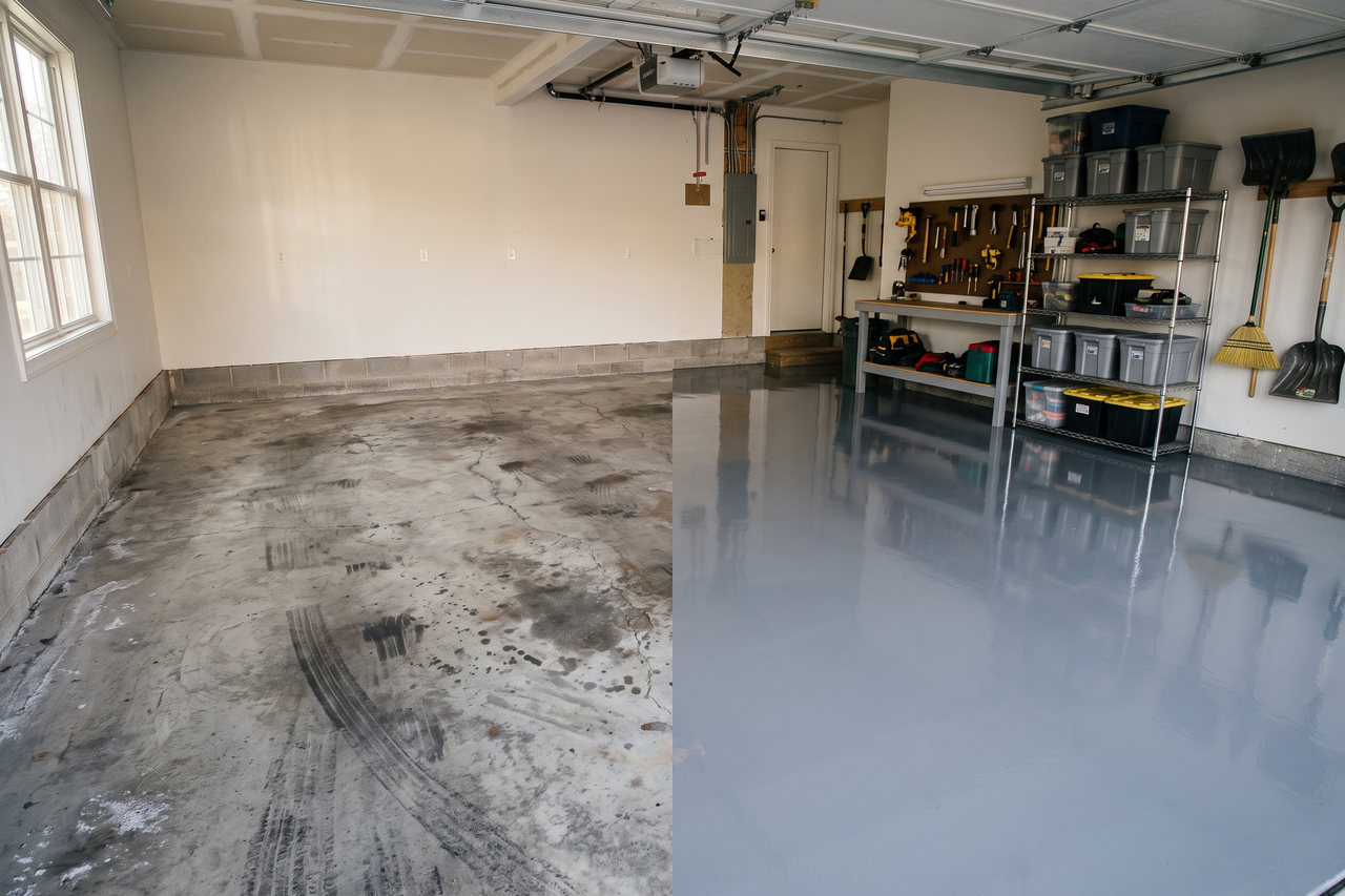 Illustrative before-and-after example of a cracked, oil-stained concrete floor finished with a smooth epoxy coating