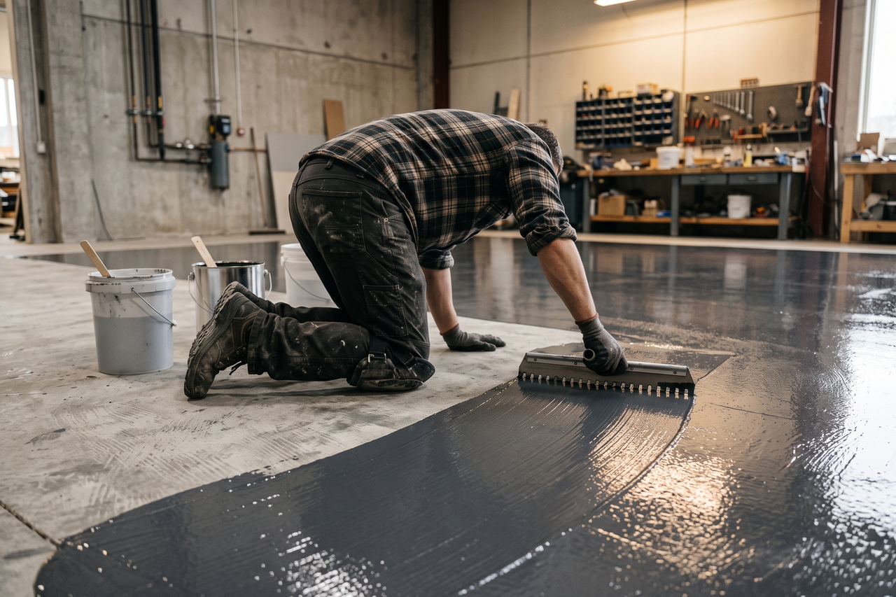 Professional applying an epoxy floor coating to a freshly prepared concrete surface