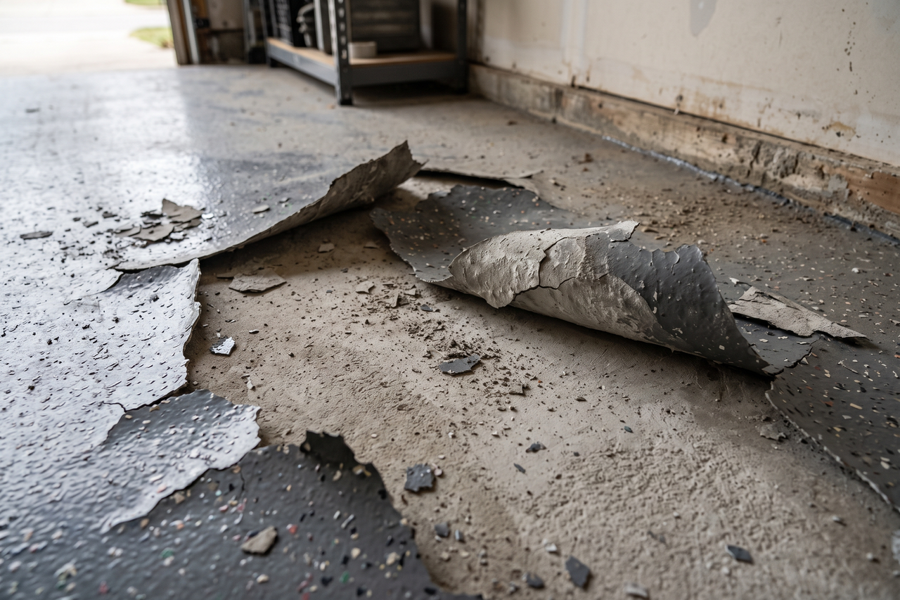 Peeling epoxy floor coating separating from a concrete slab in a garage setting