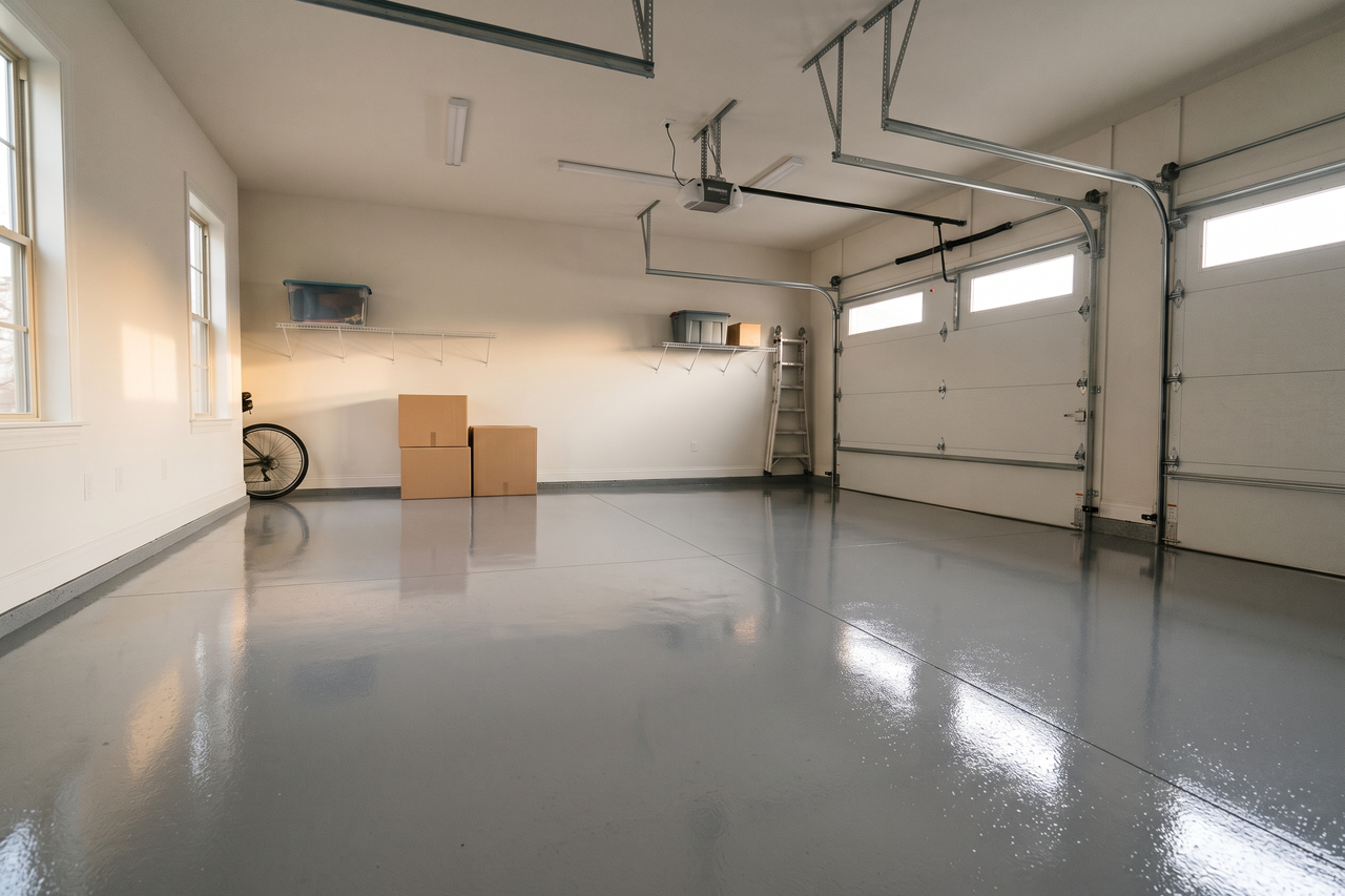 Glossy epoxy floor coating on a sealed residential concrete floor