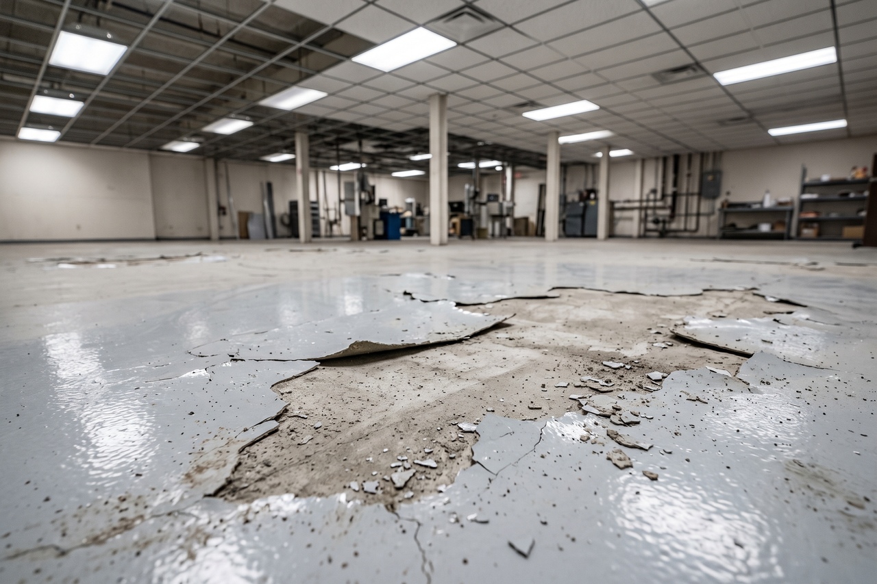 Chipped and delaminating epoxy coating on a commercial concrete floor exposing bare substrate
