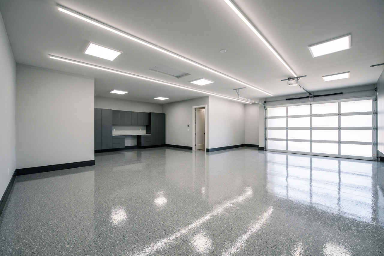 Finished epoxy-coated garage floor with a bright, reflective surface and clean lines