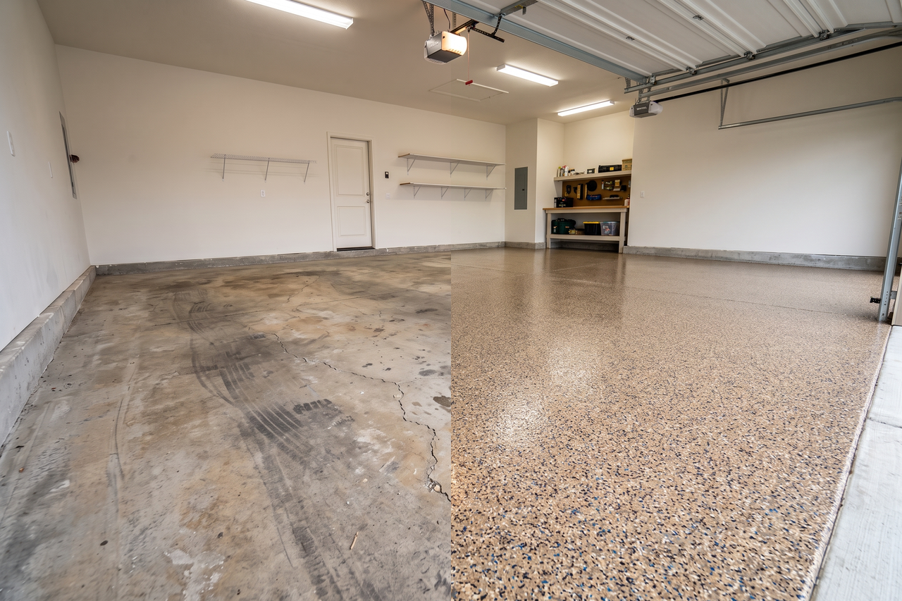 Illustrative before-and-after example of a garage floor coating, showing worn concrete transformed into a clean sealed surface
