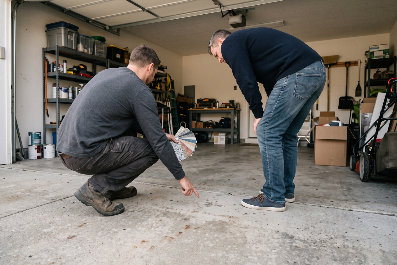 Homeowner and flooring professional examining a garage floor and discussing coating finish samples