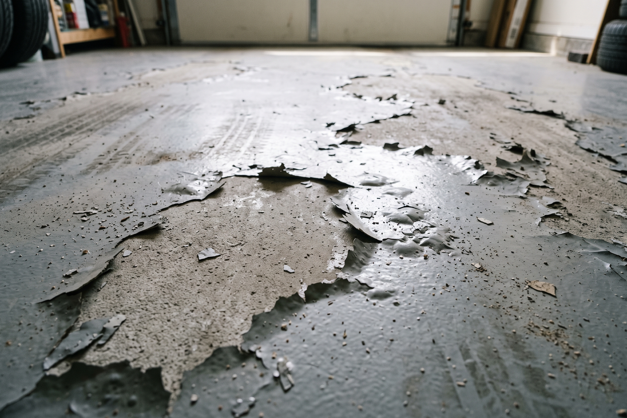 Peeling garage floor coating lifting away from concrete at the edges and along traffic lanes