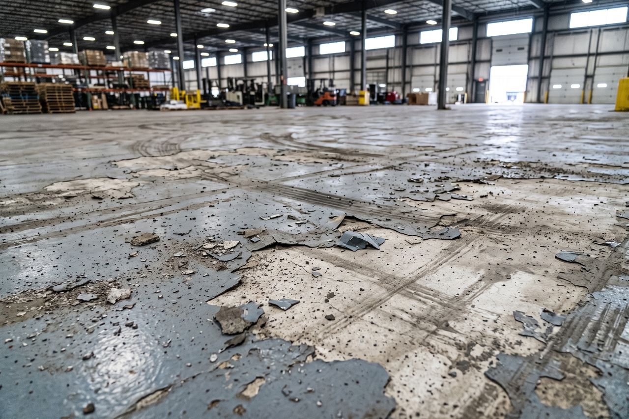 Industrial concrete floor with delaminated coating, exposed slab sections, and surface debris from heavy traffic