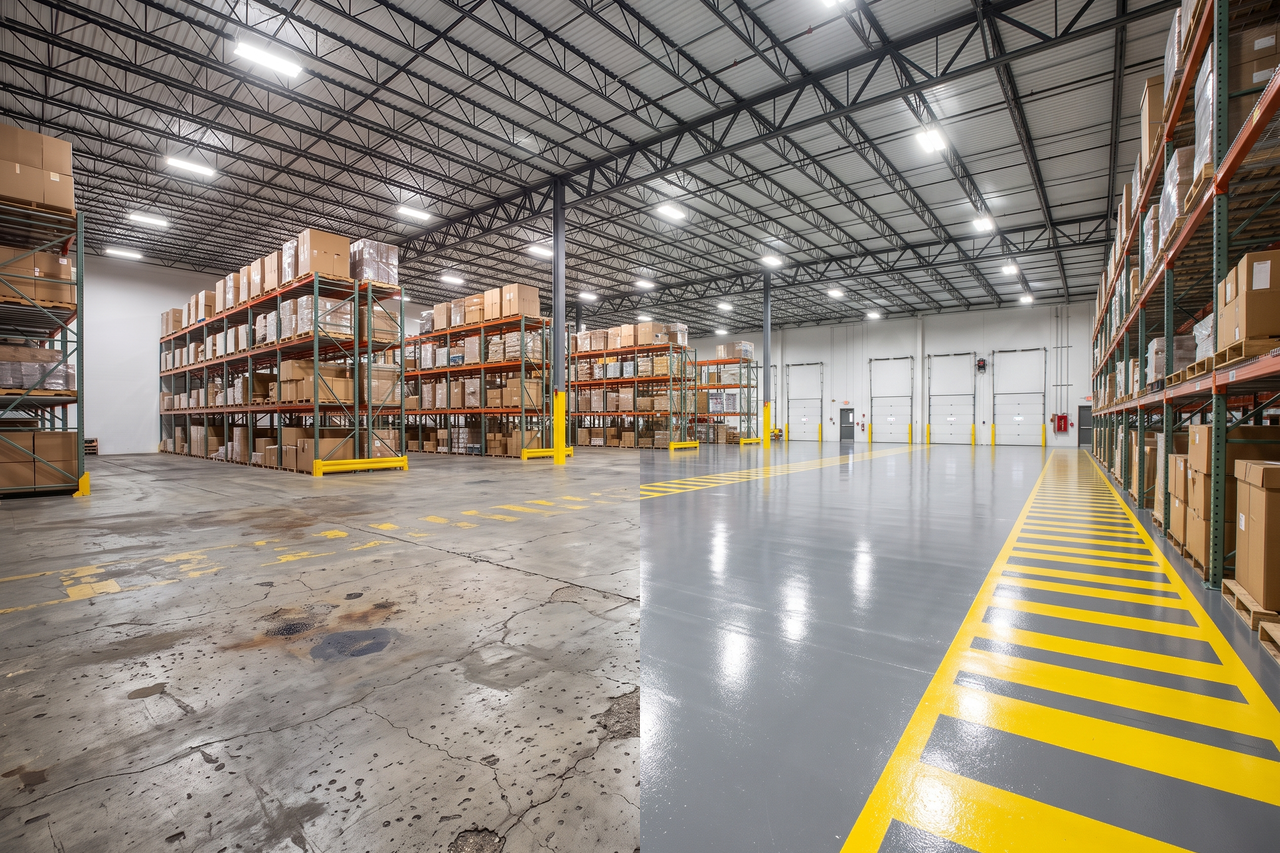 Illustrative before-and-after example of an industrial floor coating, showing a deteriorated concrete slab beside a sealed, marked coated surface