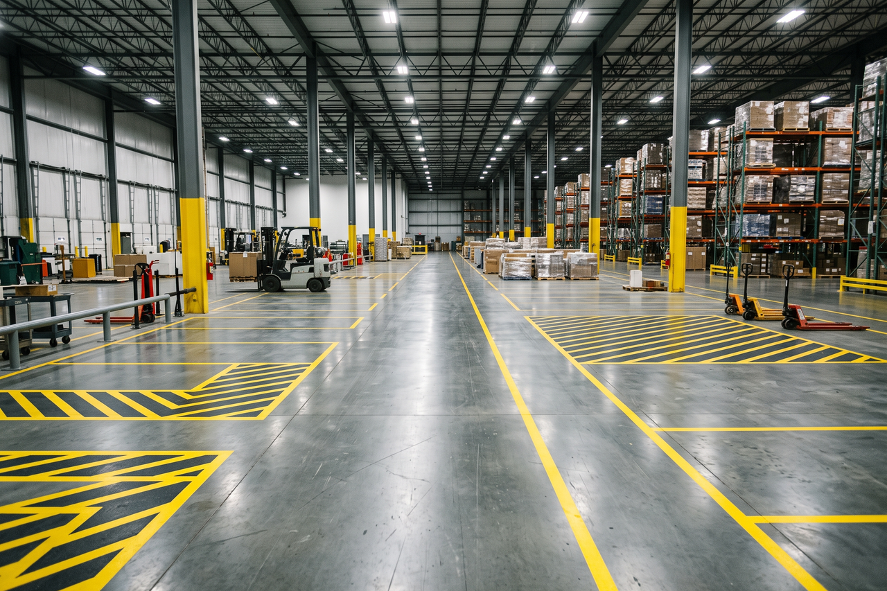 Industrial floor with color-coded safety markings, aisle lanes, and designated work zone areas