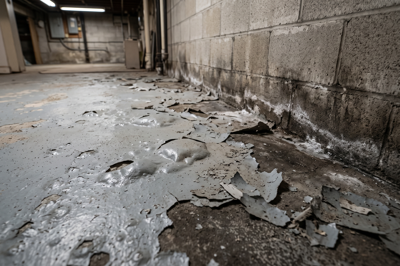 Bubbling and delaminating coating on a basement floor showing moisture-related failure