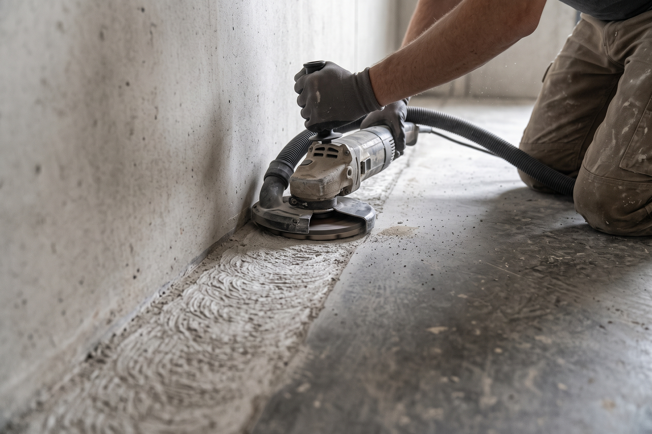 Concrete floor surface being mechanically ground to prepare it for a polyaspartic coating system