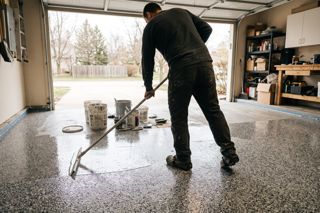 Polyaspartic floor coating applied across a residential garage, a commercial floor, and a covered concrete area with sun exposure
