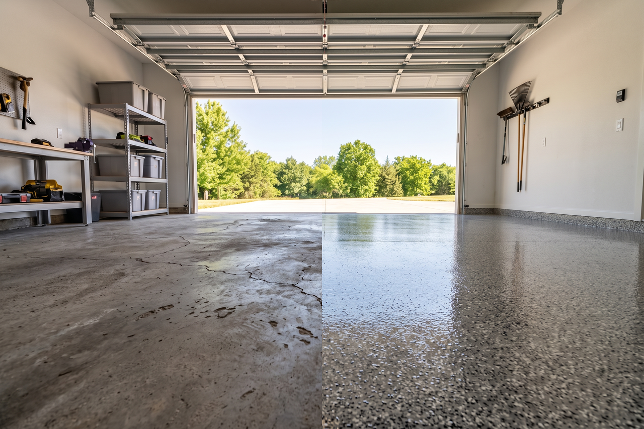 Illustrative before-and-after example of a polyaspartic garage floor coating, showing bare, cracked concrete next to a smooth, sealed finished surface