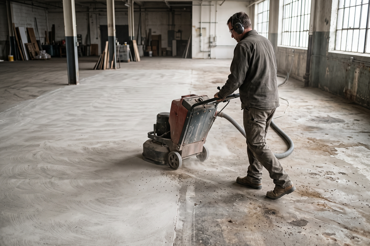 Diamond grinder working across a concrete floor surface before epoxy coating is applied