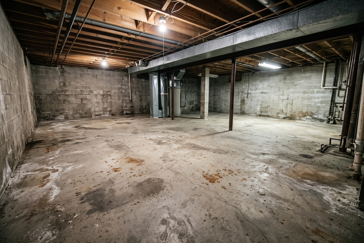 Bare, dusty concrete basement floor with visible staining and uneven surface