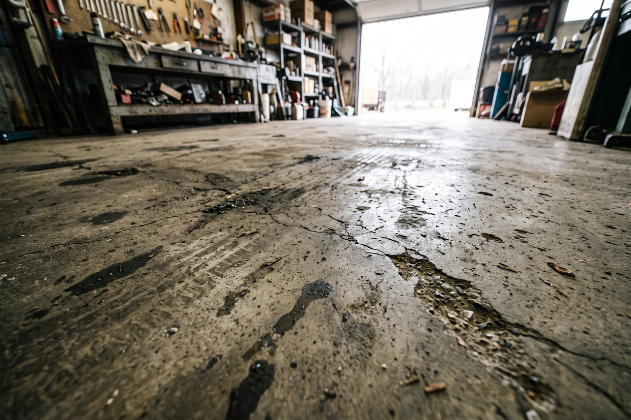 Cracked, oil-stained concrete garage floor with rough texture and bare patches