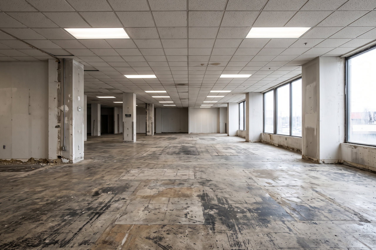 Worn, stained commercial concrete floor with heavy surface deterioration and scuff marks from foot traffic