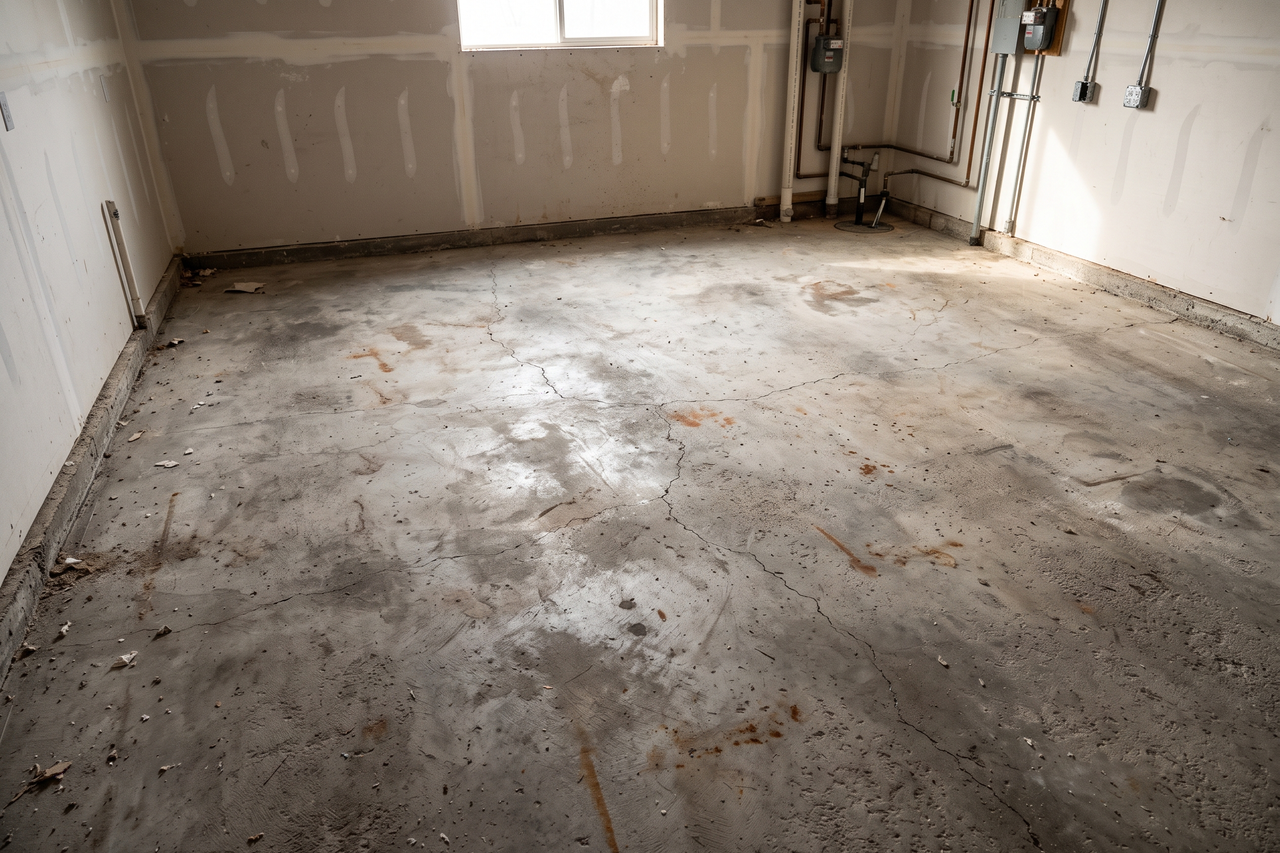 Worn concrete floor with discoloration, surface cracks, and scattered staining from long-term use