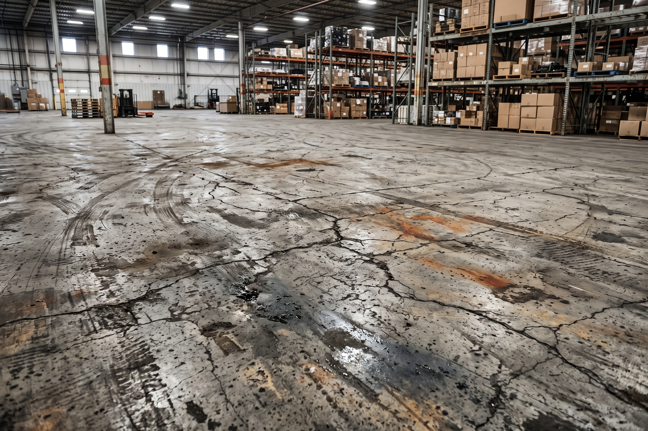 Worn industrial concrete floor with extensive cracking, surface pitting, and staining from heavy equipment traffic